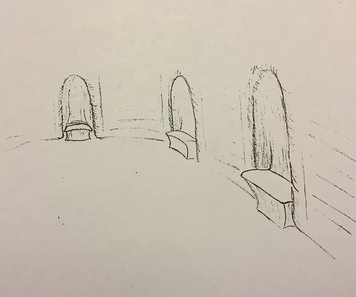 Pencil drawing of three upright craft-like forms on a landscape