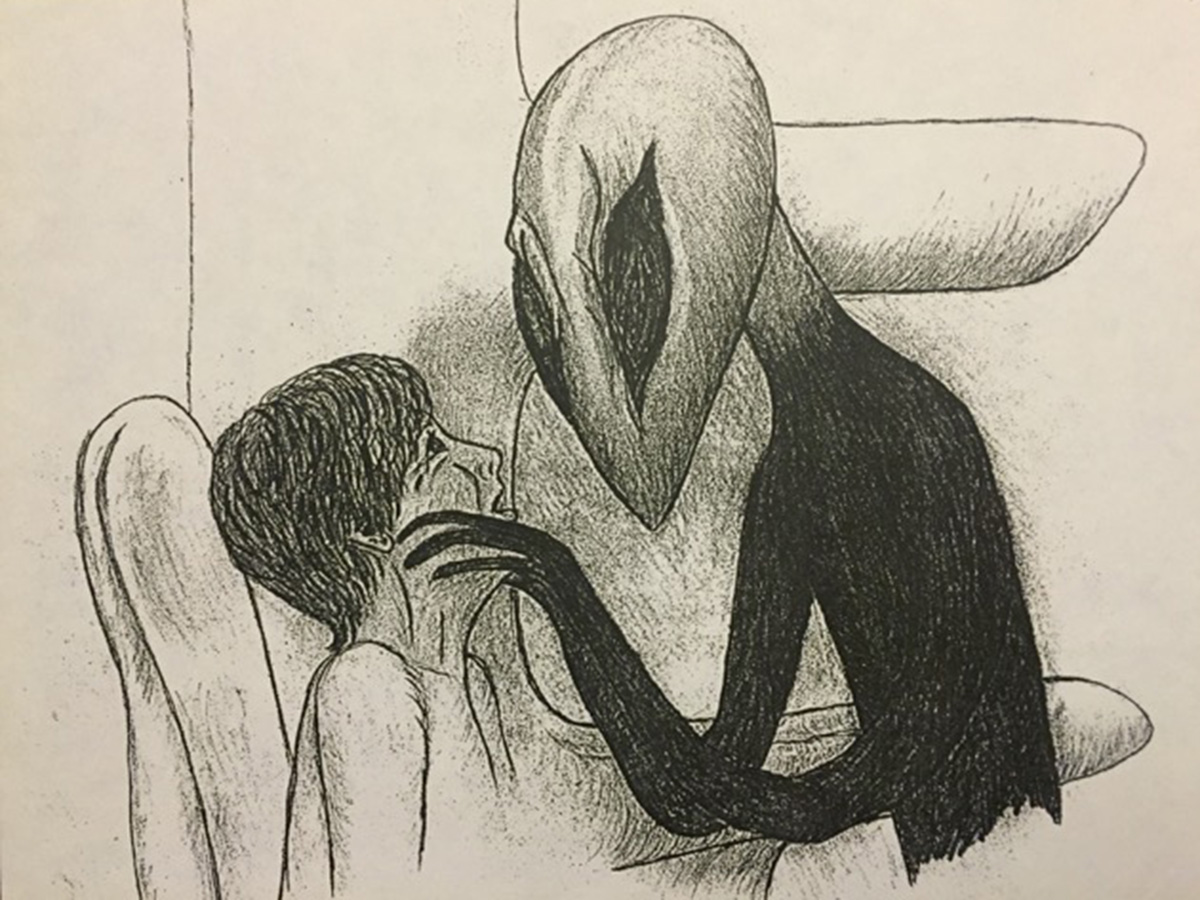 Pencil drawing of a dark figure leaning over a person’s head