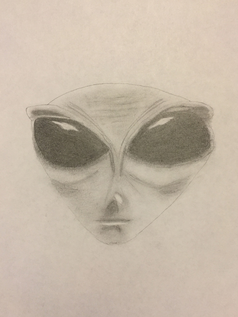 Pencil portrait of a pale face with large dark eyes