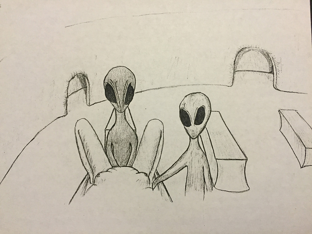 Drawing of several figures surrounding a person on a table