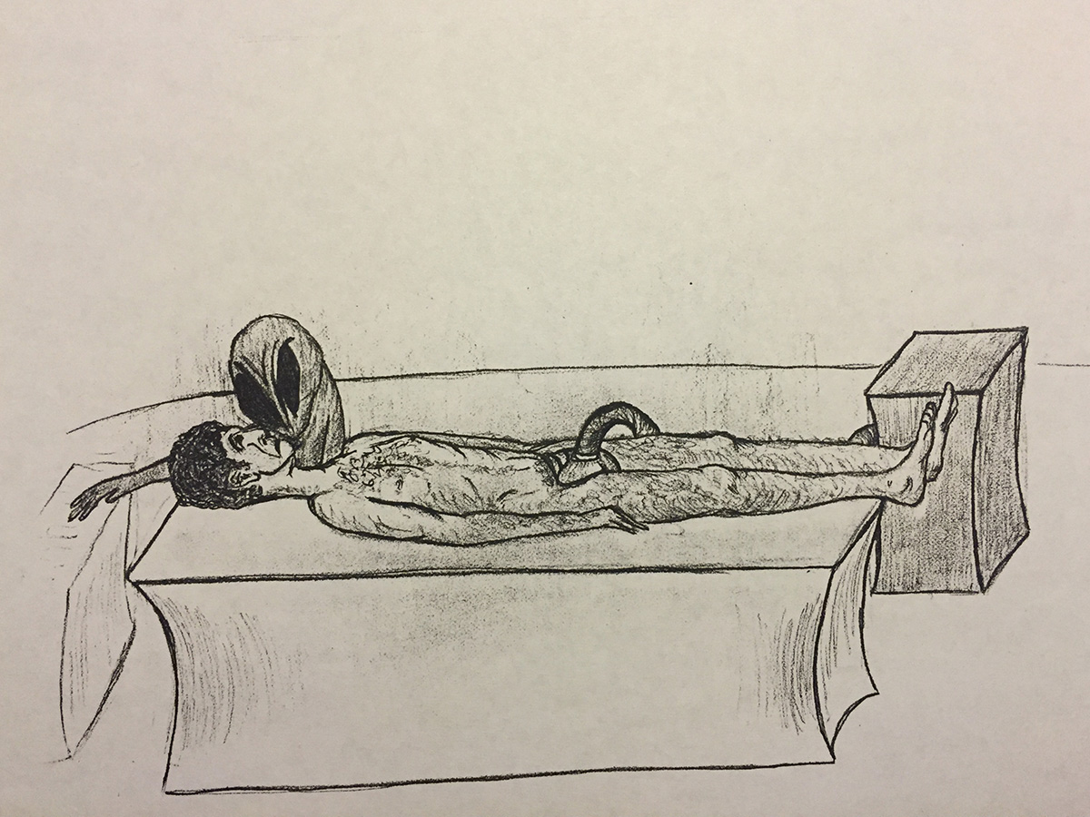 Drawing of a figure attending to a person lying on a table