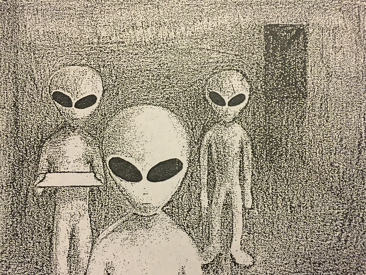 Dark pencil drawing of four figures with large eyes