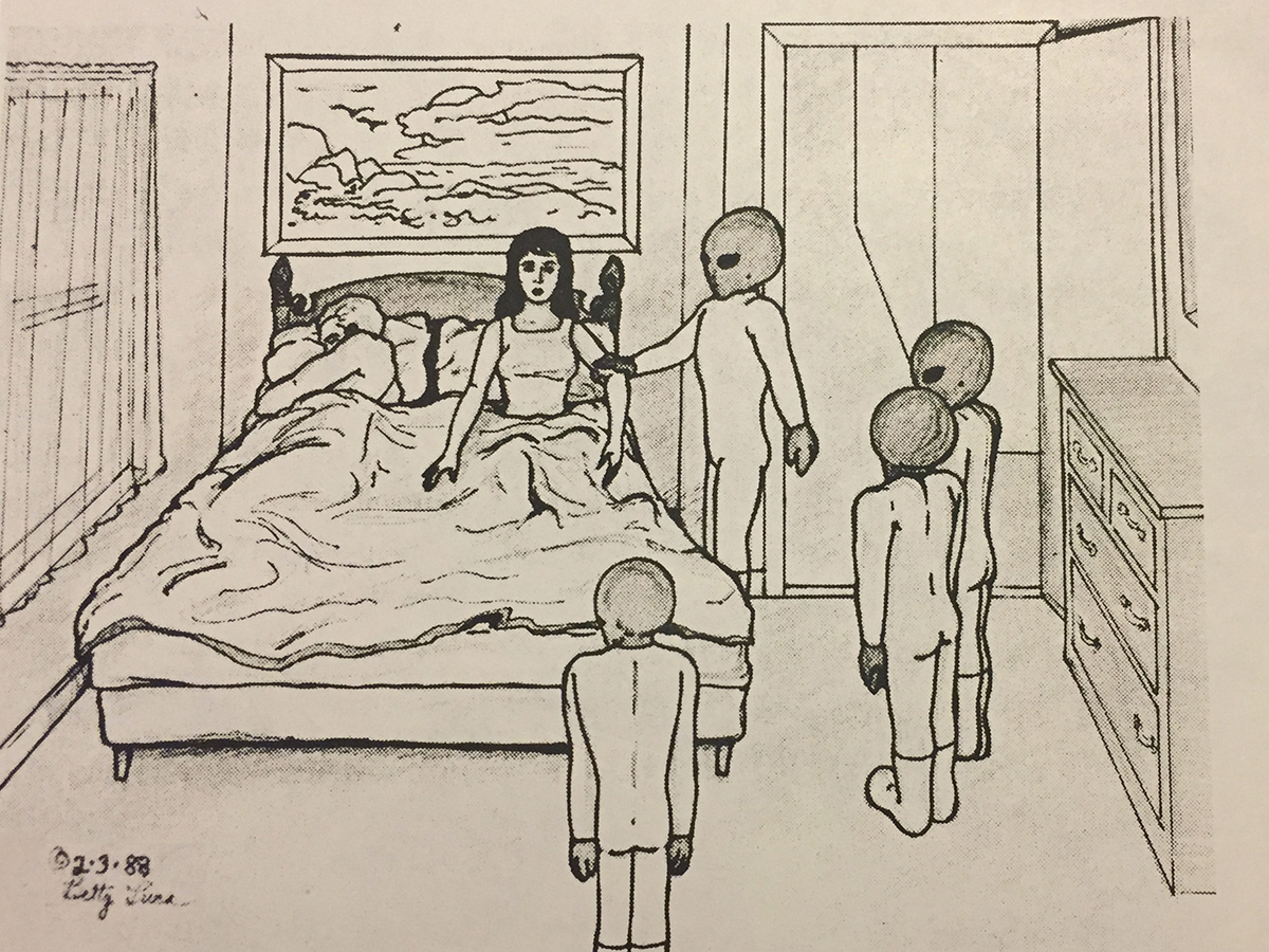 Drawing of humanlike and nonhuman figures around a bedroom