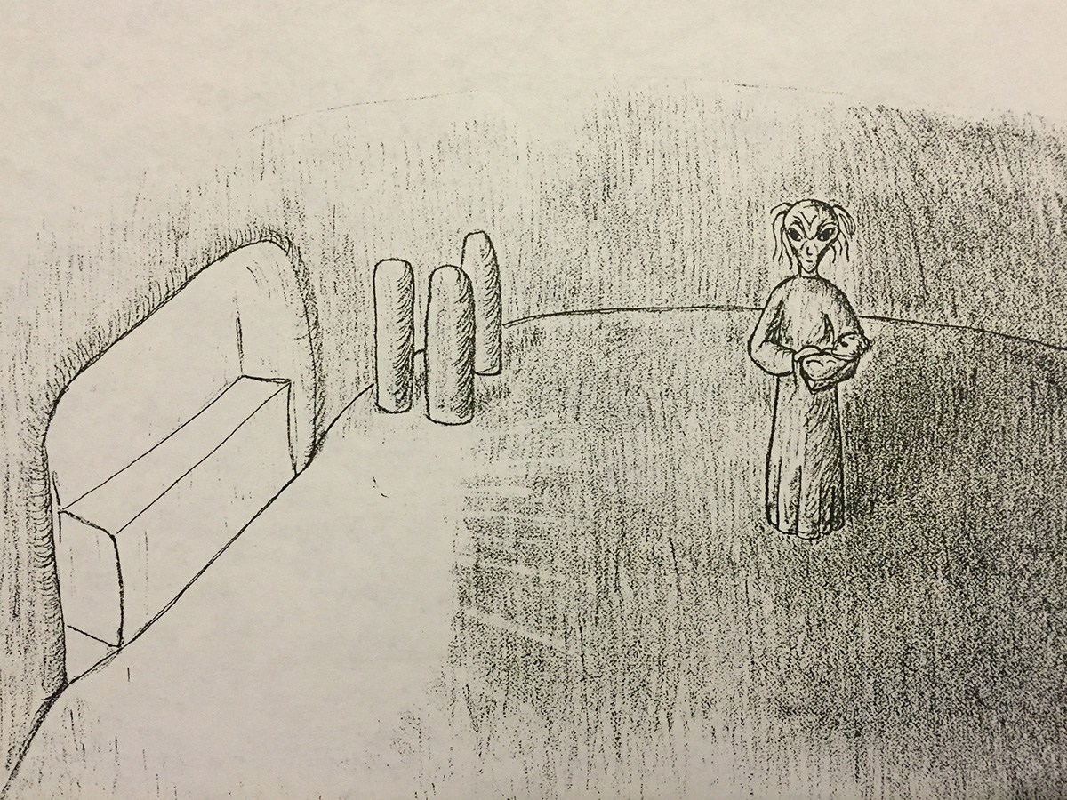 Pencil drawing of a figure standing in a sparse room