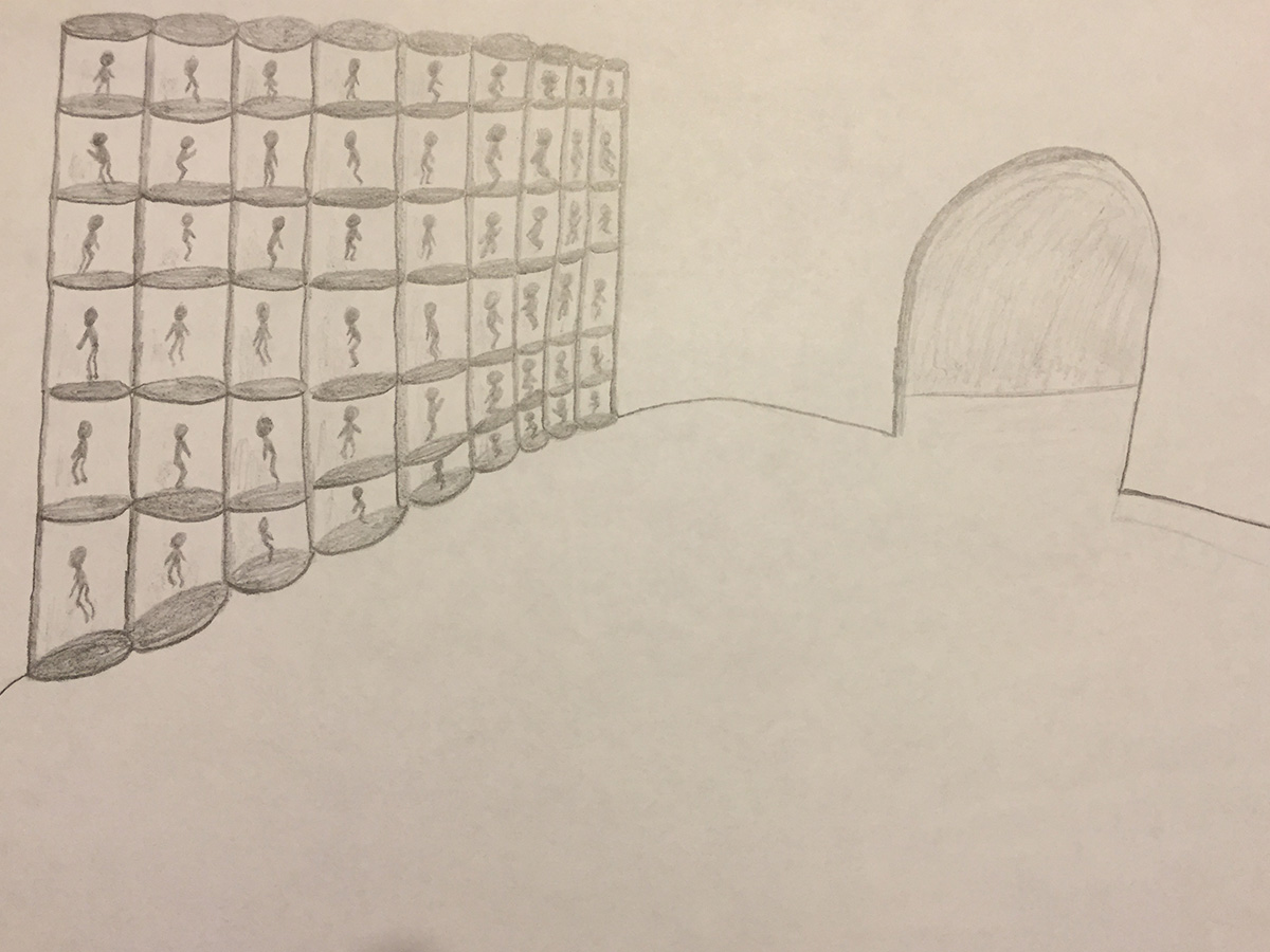 Drawing of a large wall lined with chamber-like forms