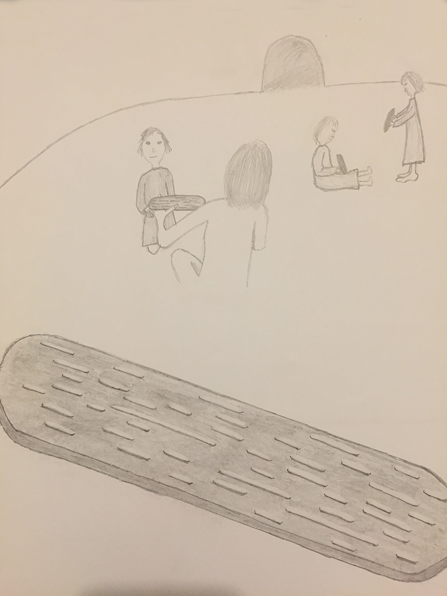 Pencil drawing of seated figures near a long chamber