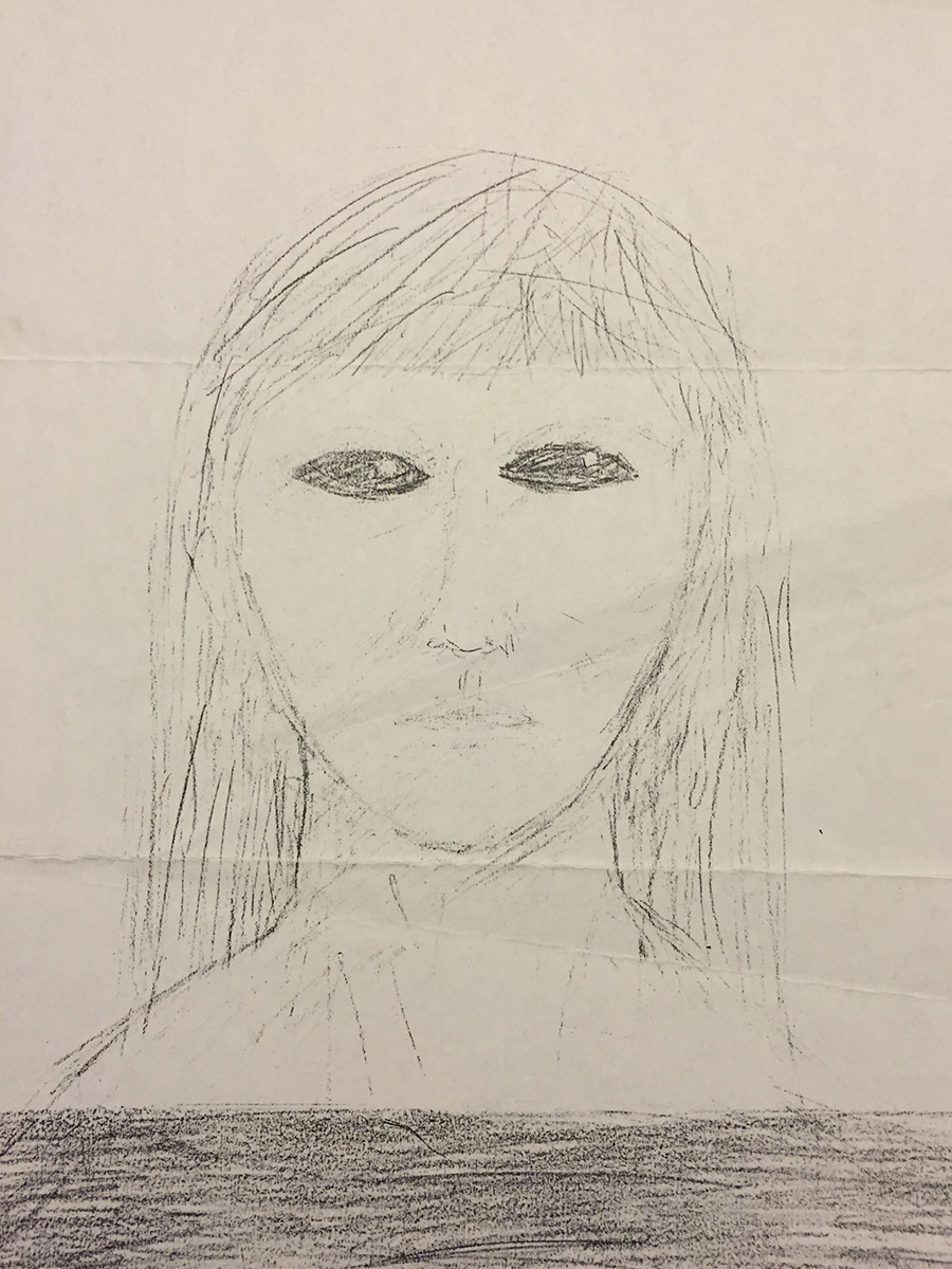 Pencil portrait of a humanlike figure with dark eyes