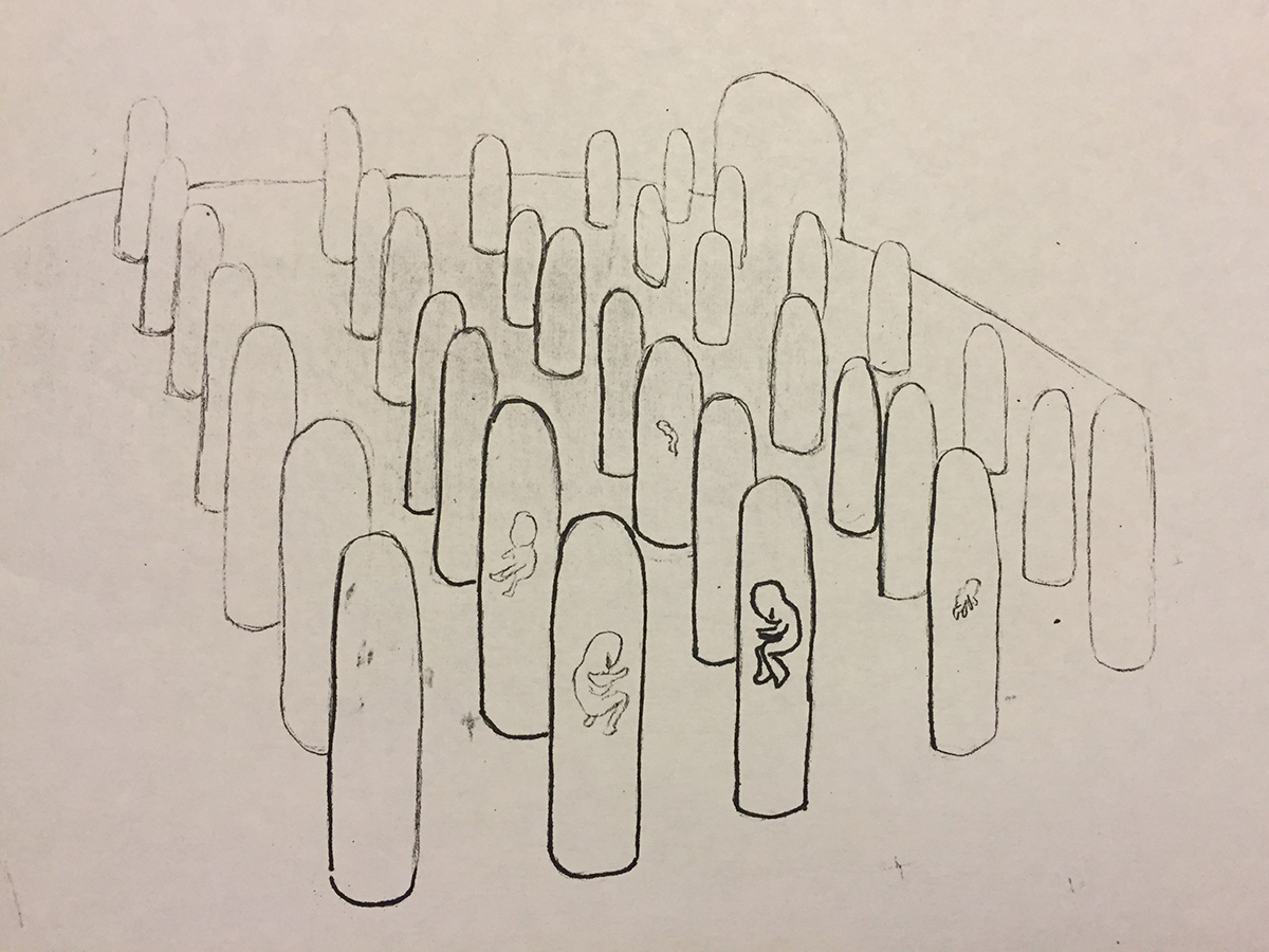 Drawing of repeated upright chambers containing small forms