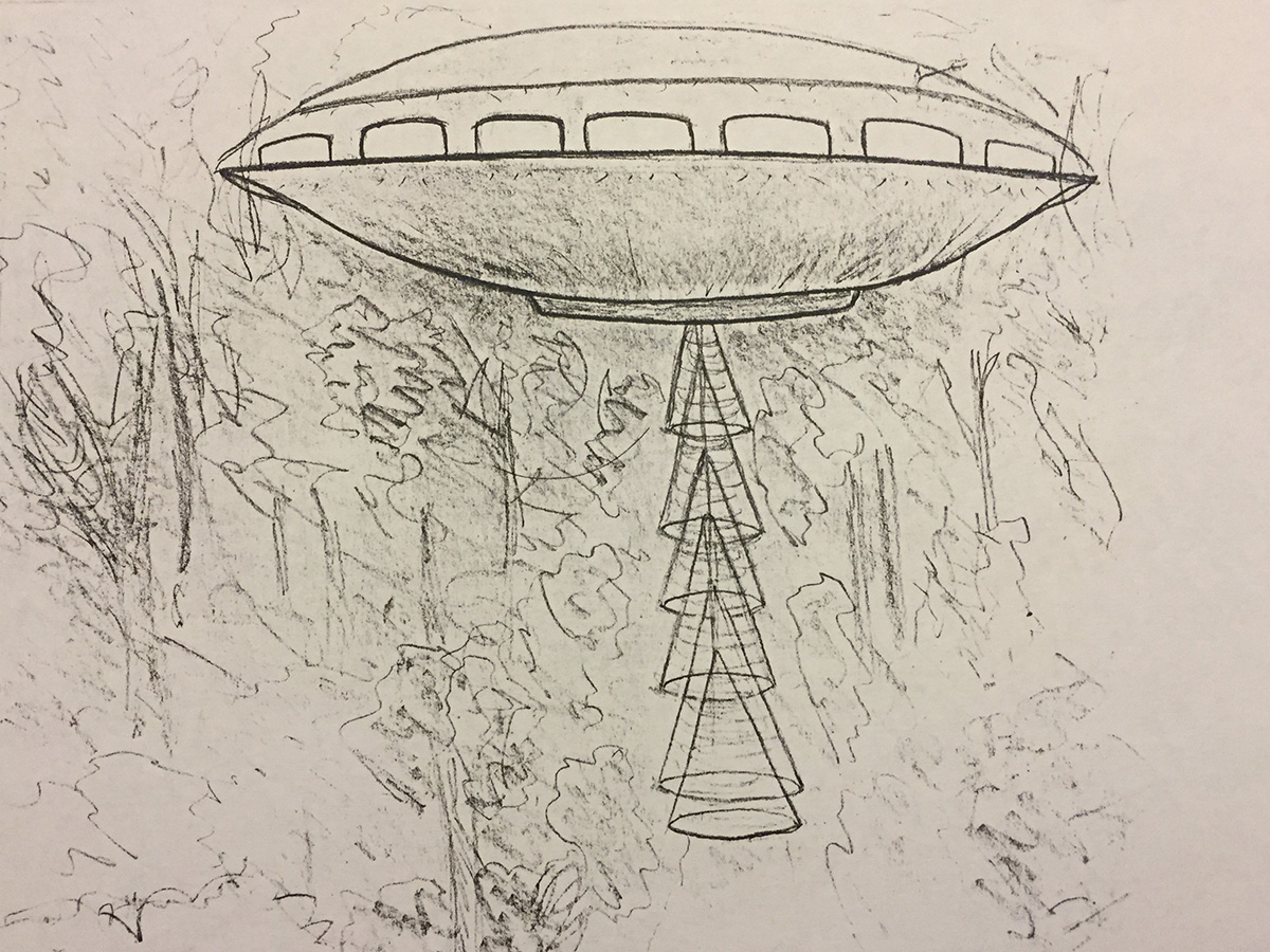 Drawing of a disc-shaped craft projecting a beam over a landscape