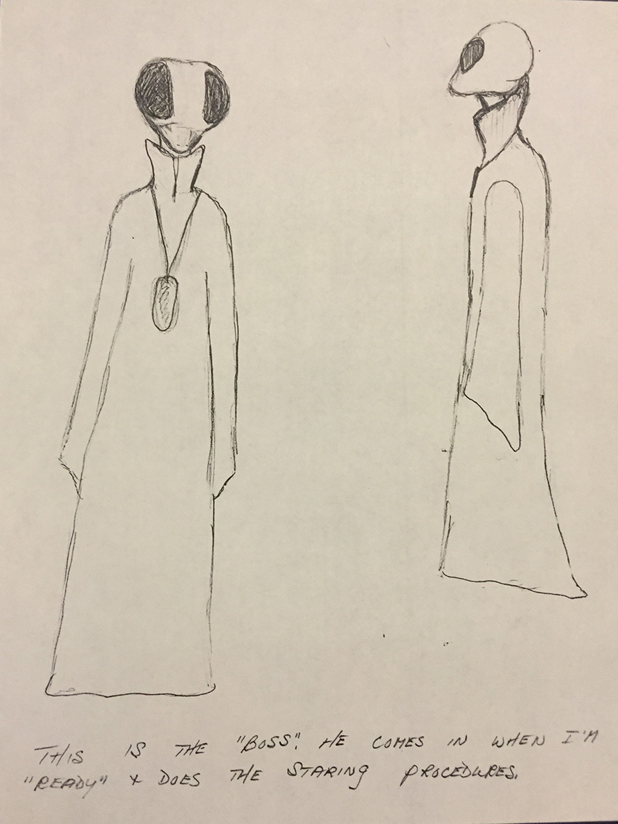 Drawing of two tall figures with large dark eyes