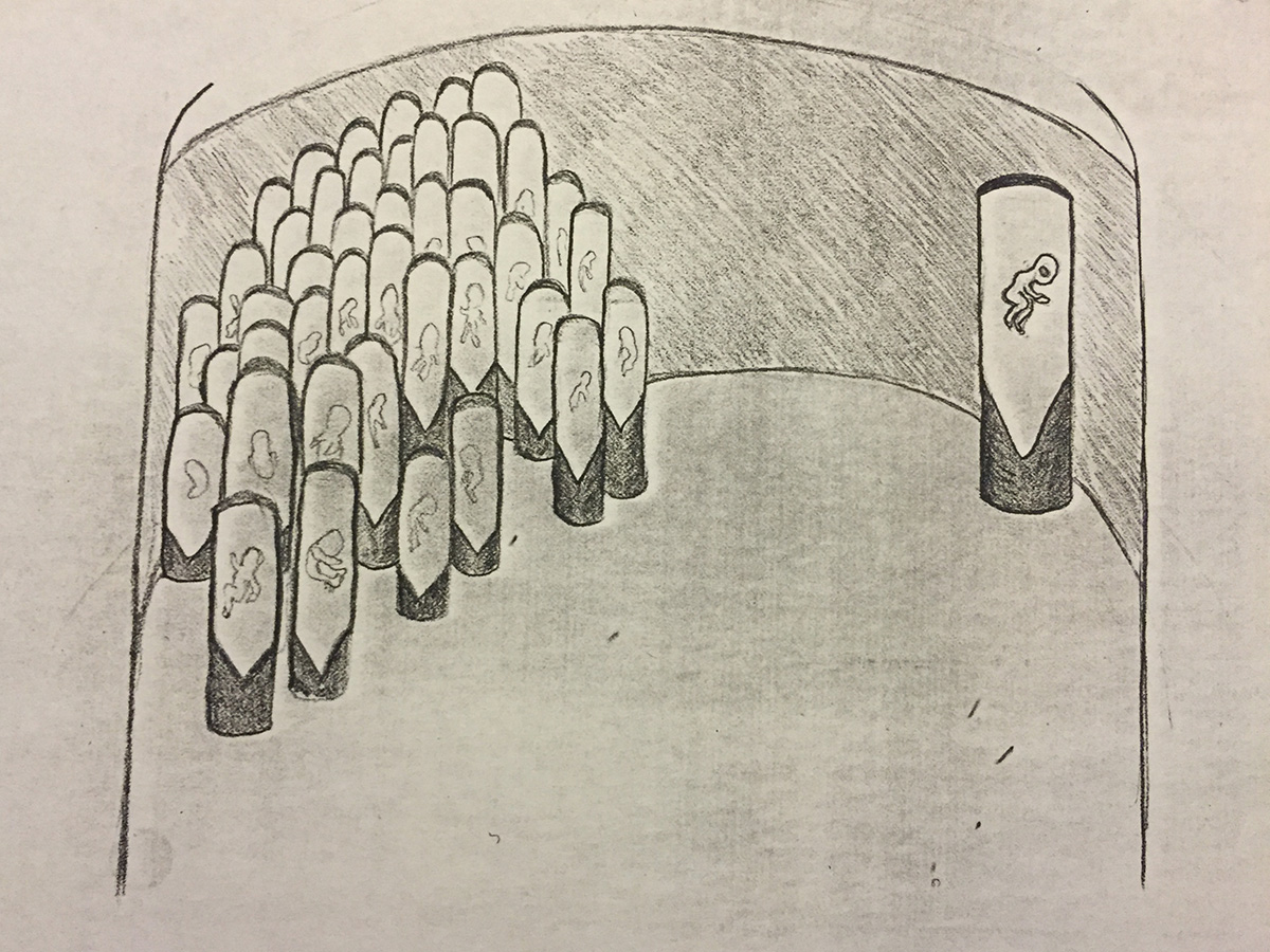 Drawing of rows of chambers inside a curved room
