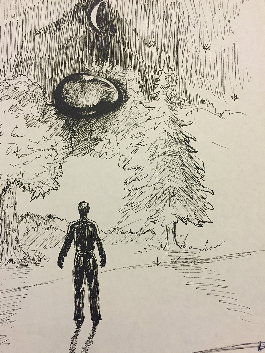 Drawing of a person looking toward two aerial forms