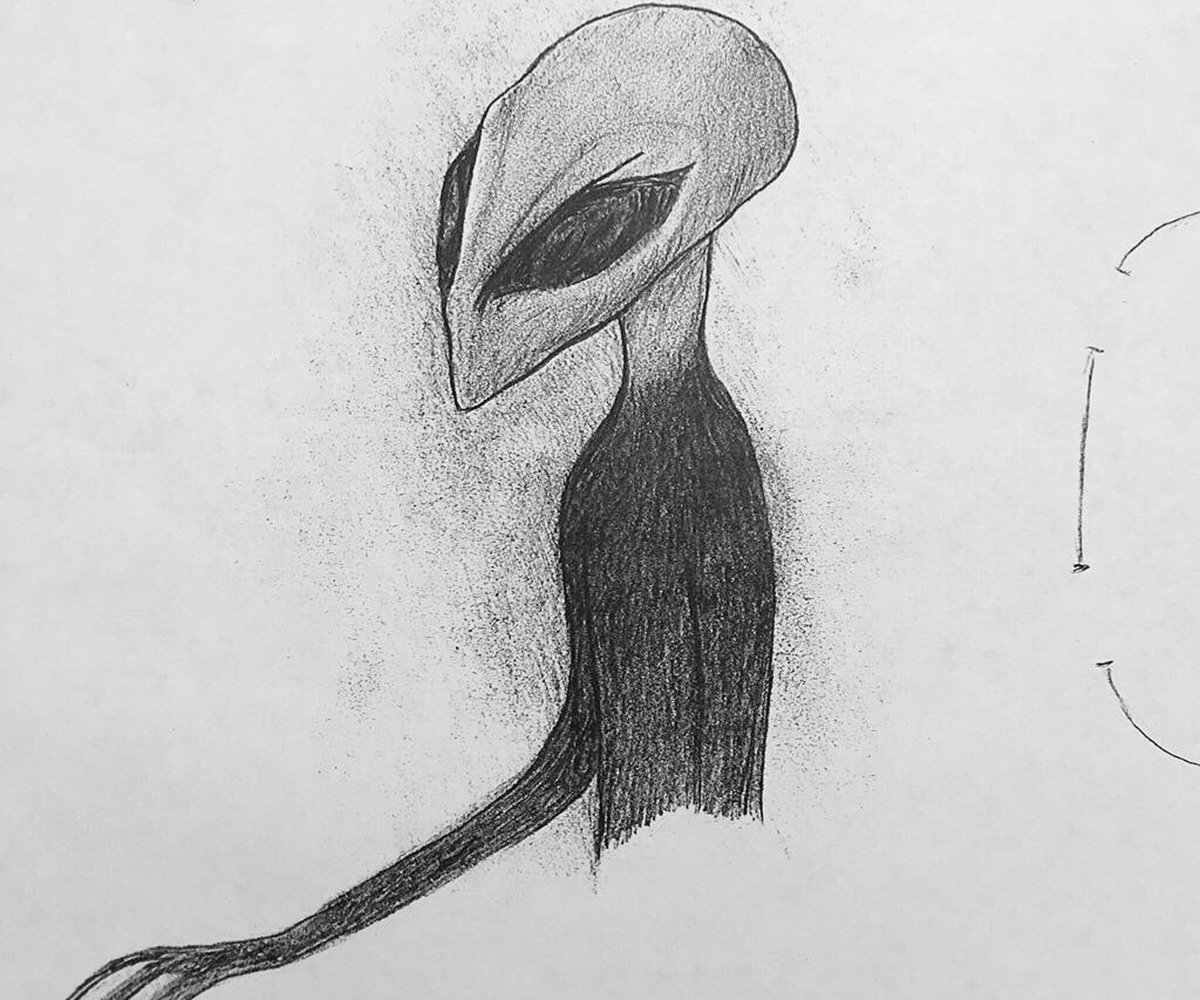 Dark pencil profile of a slender figure with a large eye