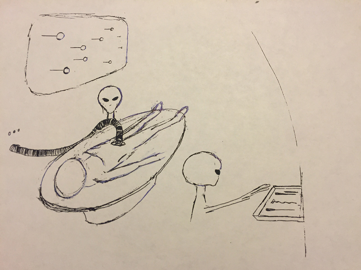Drawing of a figure, a reclining person, and a small diagram